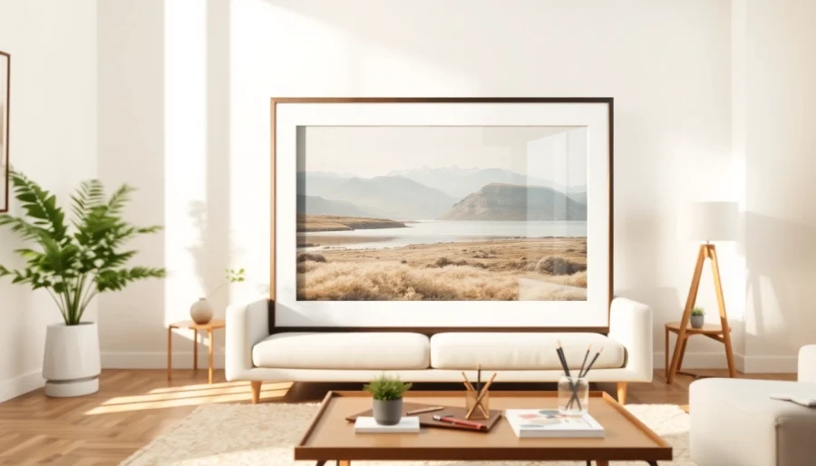 Display a stunning 36x48 frame with serene landscape art in a minimalist home setting.