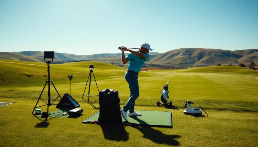 Golfer using golf training aids to enhance swing technique at a sunny driving range.