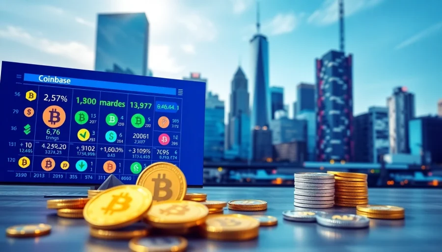 Showcase of coinbase token listings on a vibrant digital display with cryptocurrencies in focus.
