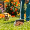 Clean up dog poop in a bright backyard by a responsible dog owner using a pooper scooper.