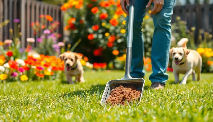Clean up dog poop in a bright backyard by a responsible dog owner using a pooper scooper.