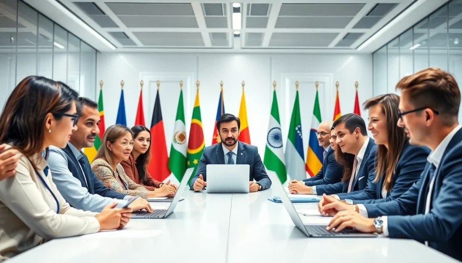 Representatives discussing trade agreements in a modern conference room with diverse flags.