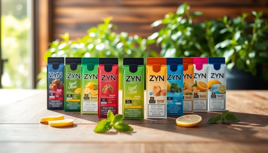 Showcase of zyn nicotine pouches with various flavors in a natural setting.