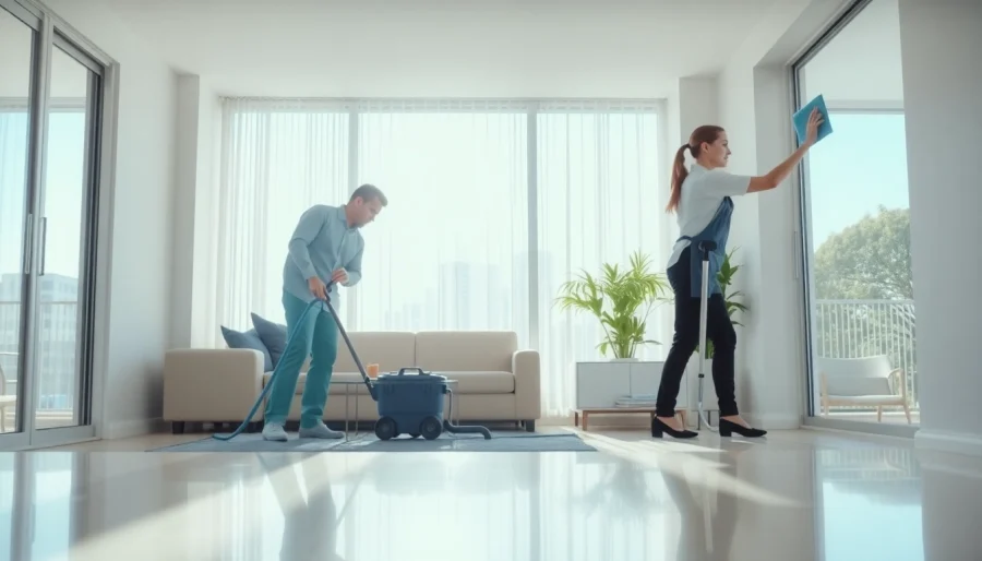 Professionals performing bond cleaning Logan in a bright apartment, enhancing cleanliness and appeal.