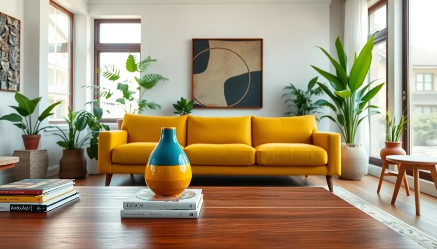 Stylized living room with MCM Home Decor elements emphasizing vintage elegance.