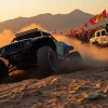 Baja race trucks speed through dusty desert terrain, showcasing thrilling off-road action.