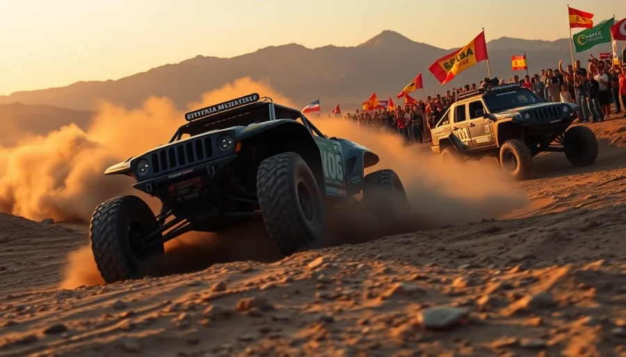Baja race trucks speed through dusty desert terrain, showcasing thrilling off-road action.