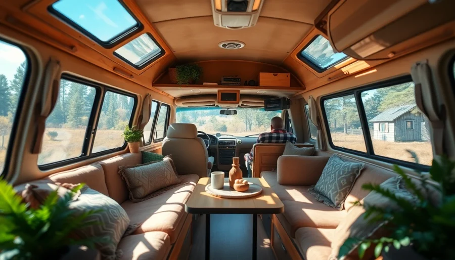 Customize your adventure with JRP Campers showcasing a cozy interior and serene surroundings.