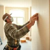 Experienced drywall contractors installing drywall panels in a bright living room setting.