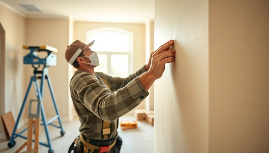 Experienced drywall contractors installing drywall panels in a bright living room setting.