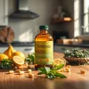 Ambrosia supplement bottle surrounded by fresh fruits and herbs in a bright kitchen.