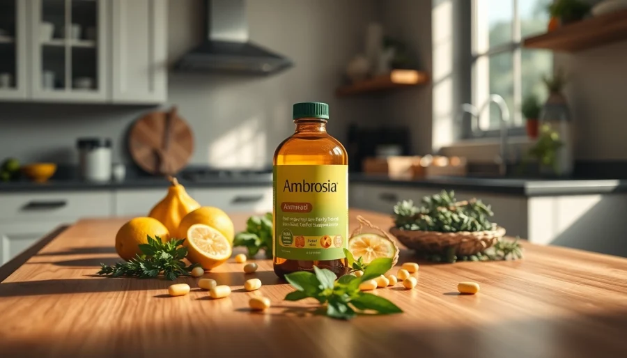 Ambrosia supplement bottle surrounded by fresh fruits and herbs in a bright kitchen.
