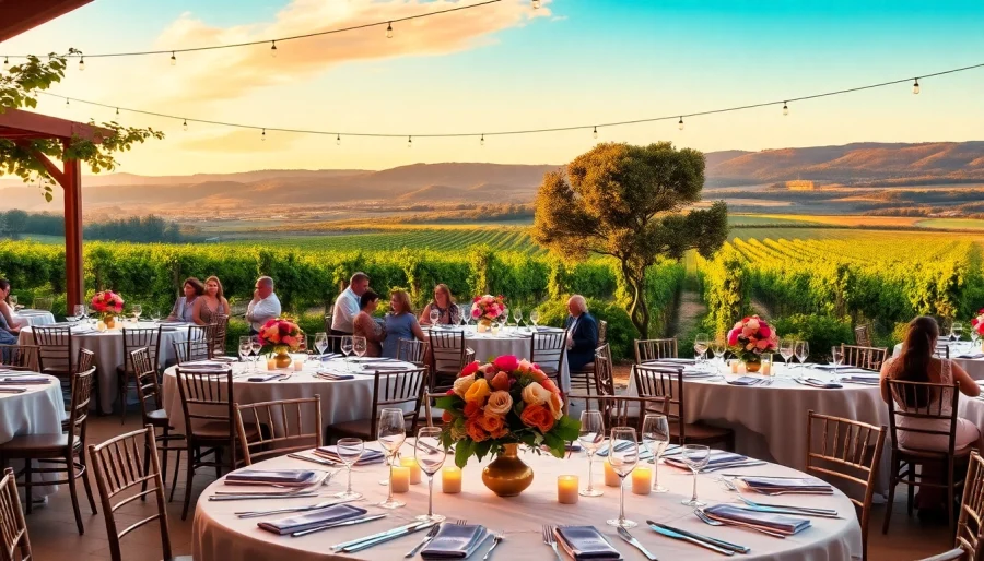 Stunning setup for clarksburg wedding venues with elegant tables among lush vineyards.