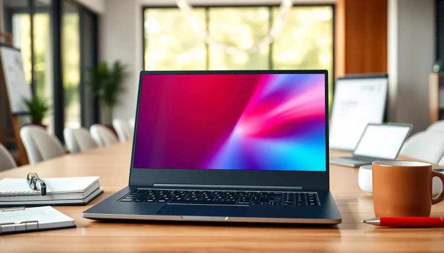 Examine laptops Lenovo con gran rendimiento en una oficina moderna y profesional.