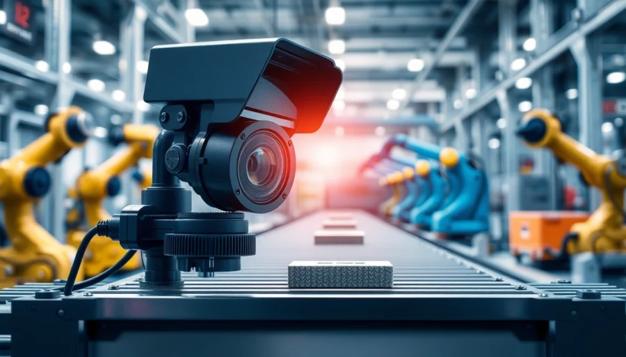 Exploring machine vision technology with an industrial camera inspecting products in a factory.