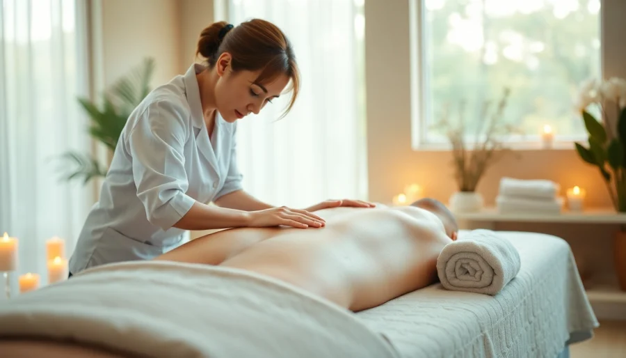 출장마사지 시술 중인 전문가의 집중하는 모습과 편안한 환경.