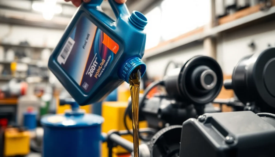 Pouring air compressor oil into machinery, showcasing maintenance importance and quality.