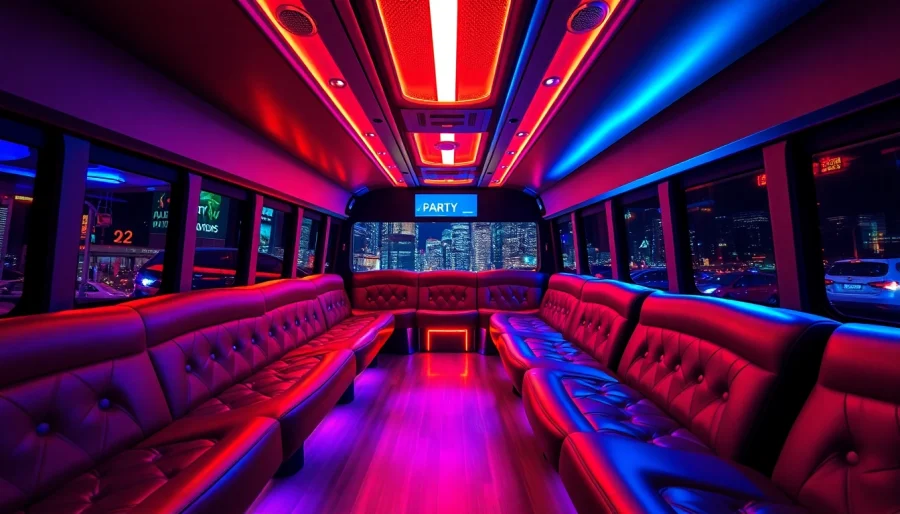 Book party bus rentals to enjoy a luxurious ride with vibrant seating and amenities.