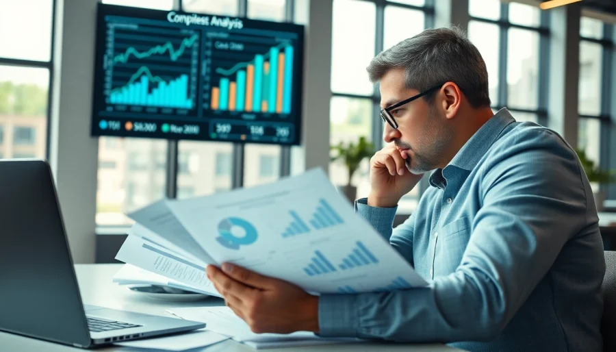 Conducting a detailed competitor pricing analysis with charts and reports in a modern office.