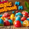 Vibrantly colored magic mushroom candy showcased beautifully on a rustic wooden table.