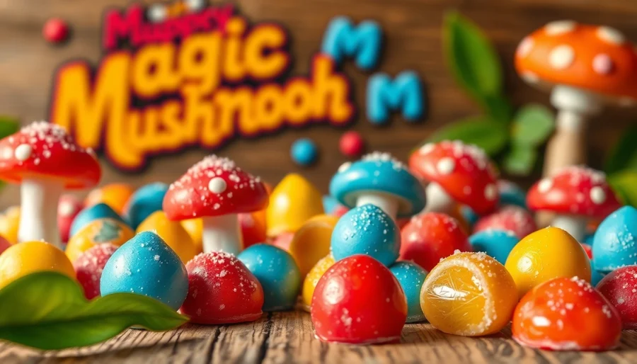 Vibrantly colored magic mushroom candy showcased beautifully on a rustic wooden table.
