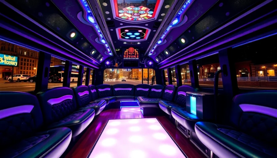 Rent a Macon party bus featuring vibrant interiors and energetic atmosphere in Georgia.