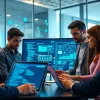 Cyber security services team collaborating in a modern office with high-tech digital displays.