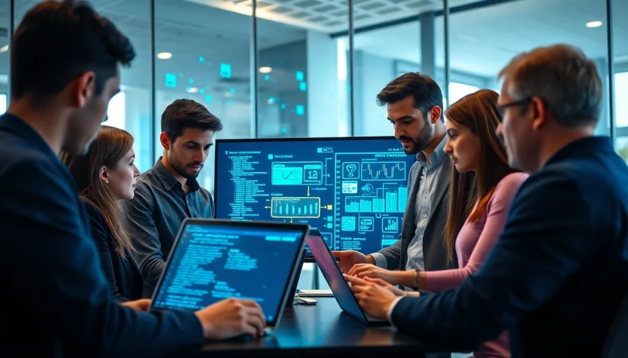 Cyber security services team collaborating in a modern office with high-tech digital displays.