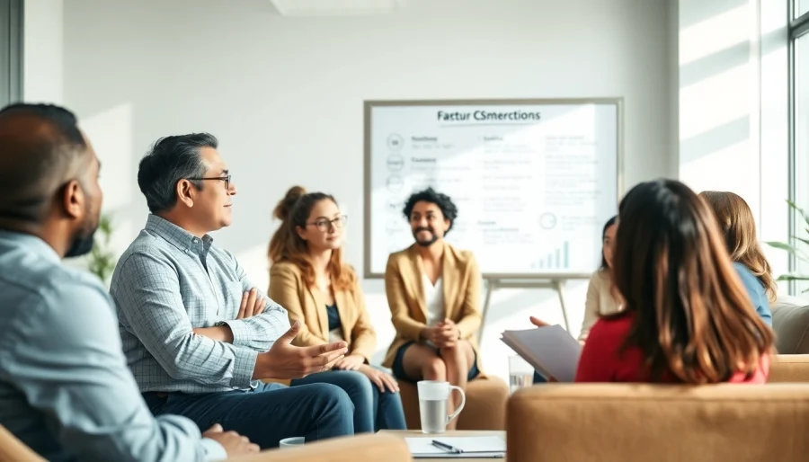 Engaging business coaching service with diverse entrepreneurs collaborating in a modern office