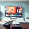 Experience a seamless IPTV Subscription setup in a stylish living room with streaming options displayed on a smart TV.