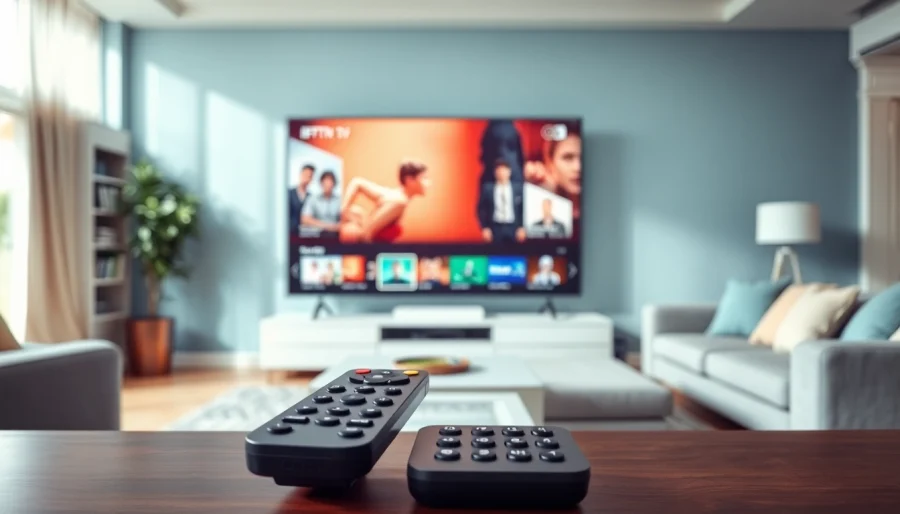 Experience a seamless IPTV Subscription setup in a stylish living room with streaming options displayed on a smart TV.