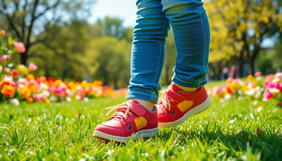 Kinderschuhe, die orthopädische Unterstützung bieten, werden von einem Kind auf Gras getragen.