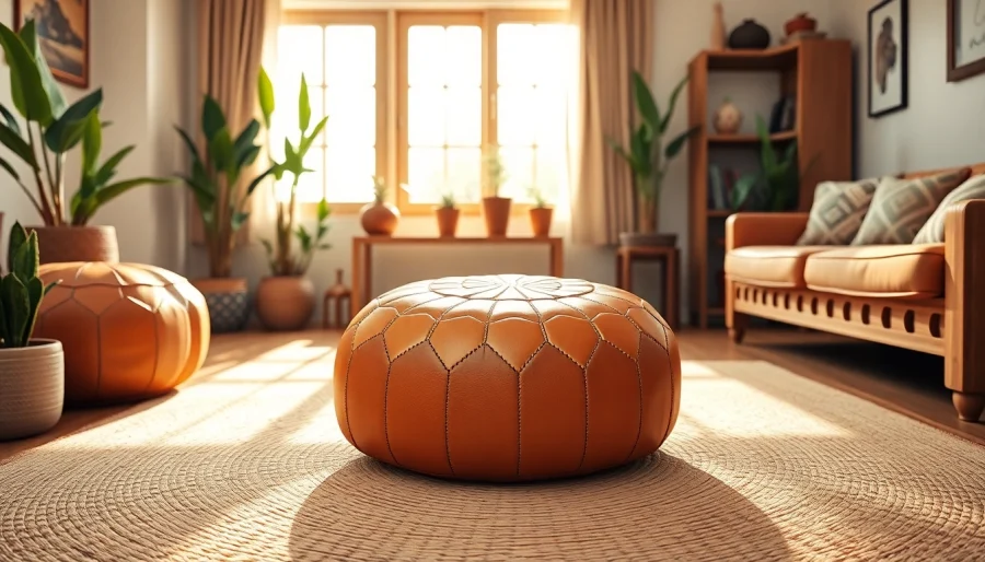 Showcase unique Moroccan leather poufs and ottomans from http://labboho.com/collections/leather-poufs-ottomans in a cozy living room.