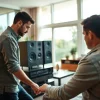Home audio installation near me: Technician professionally setting up advanced audio equipment in a stylish living room.