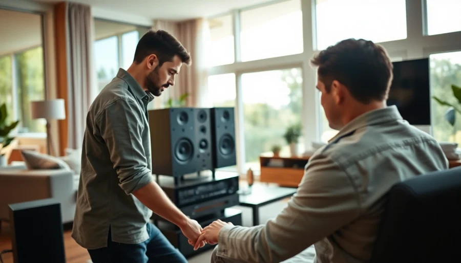 Home audio installation near me: Technician professionally setting up advanced audio equipment in a stylish living room.