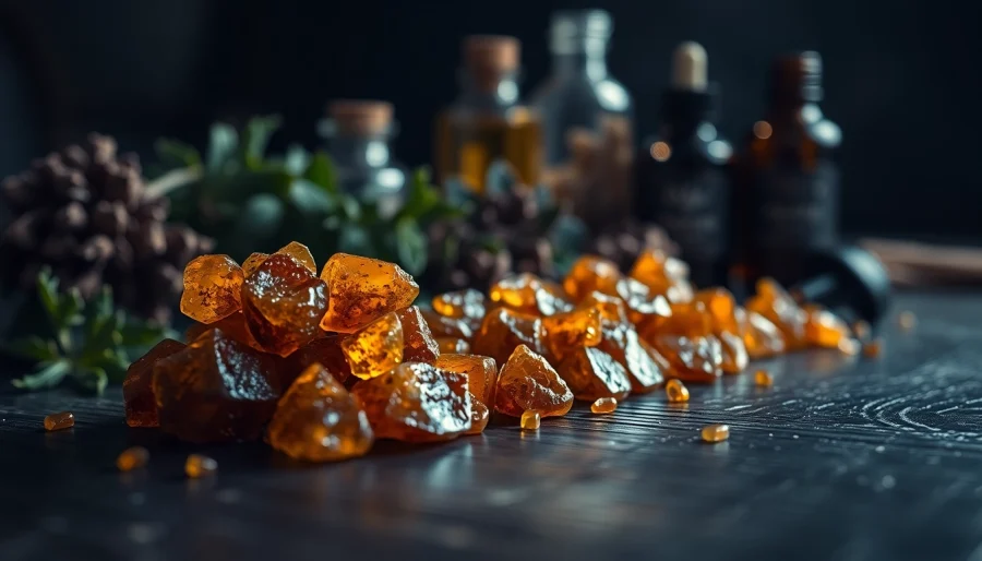 Myrrh resin highlighted in a serene setting with natural light, showcasing its unique texture.