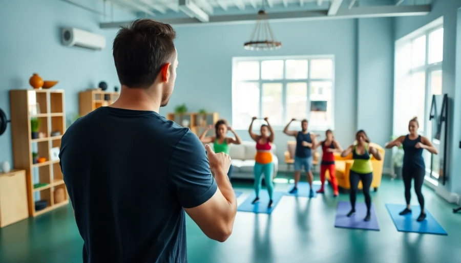 Engage in Online gym Training with a diverse group led by a professional trainer during a motivating session.