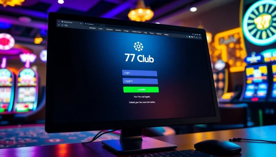 Access the 77 club login interface highlighting vibrant gaming elements for an engaging experience.