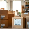 Organized moving boxes for shipping, packing, and storage in a bright retail space.
