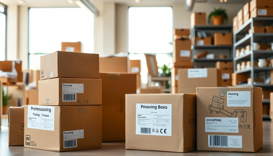 Organized moving boxes for shipping, packing, and storage in a bright retail space.