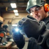 Welder demonstrating high-quality welding gloves during operation in a workshop environment.