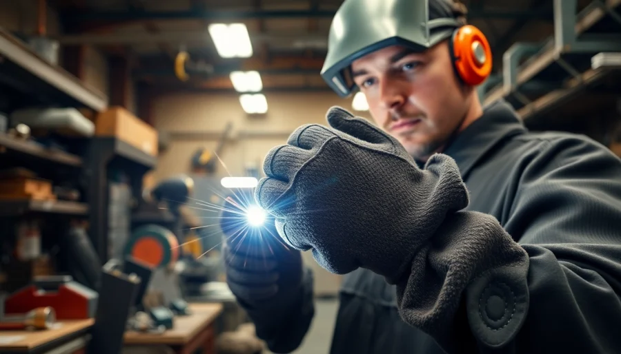 Welder demonstrating high-quality welding gloves during operation in a workshop environment.