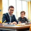 Engaging 11 plus tutor assisting a student in a bright classroom.