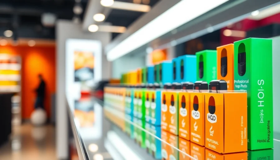 Hqd pods in vibrant colors presented on a retail shelf for vaping enthusiasts.