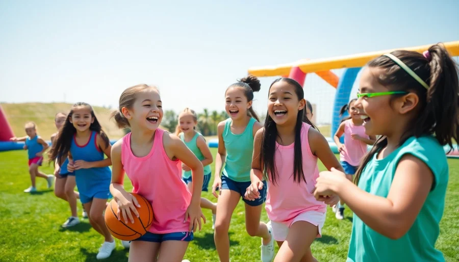 Girls participating in a fun Multi Sports Camps for Girls, engaging in various sports activities outdoors.