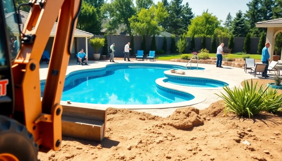 Showcasing pool construction site with workers and modern inground pool being built.