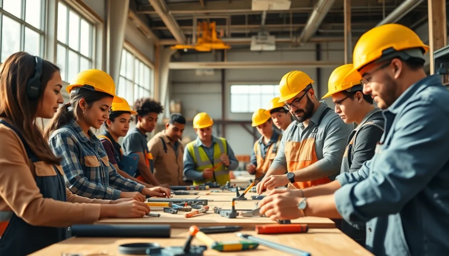 Students learning at construction trade schools in Texas showcase hands-on skills in a well-equipped workshop.