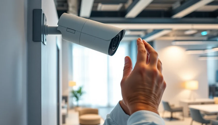 Install a CCTV camera with precision in a sleek office environment.