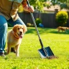 Alamo Ranch poop scooper expertly cleaning a backyard while happy dogs play nearby.