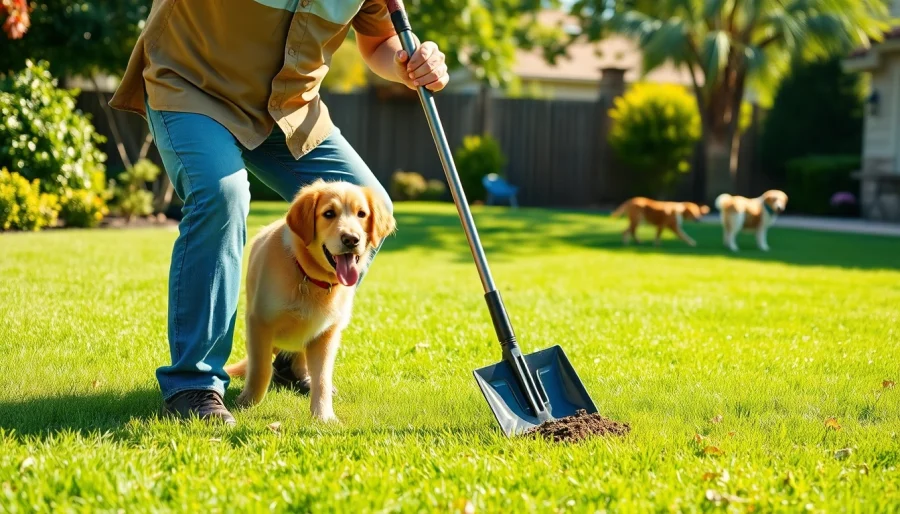 Alamo Ranch poop scooper expertly cleaning a backyard while happy dogs play nearby.